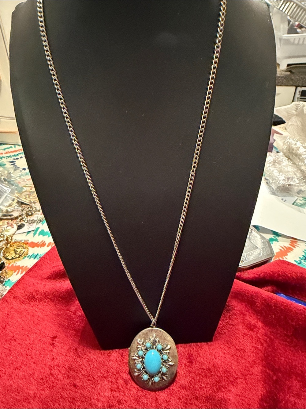 Vintage locket silver frosted tone turquoise stones good condition locket 1.75”